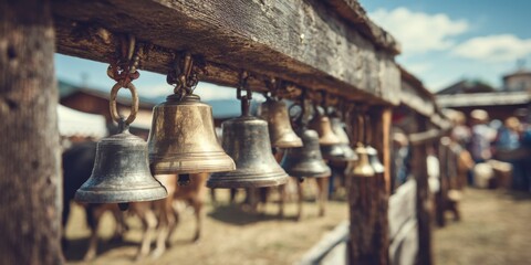Fototapeta premium A Row of Rustic Farm Bells Hanging from a Wooden Fence Under a Bright Blue Sky with Soft Clouds, Evoking a Sense of Rural Heritage and Agriculture