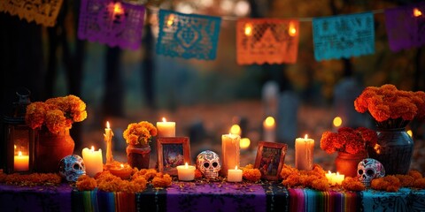 Fototapeta premium Colorful Setup for a Traditional Celebration Featuring Candles, Flowers, and Decorative Elements on a Table Surrounded by Autumnal Atmosphere