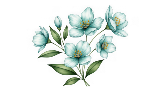 Delicate watercolor illustration of light blue jasmine flowers with green leaves, isolated on transparent background