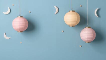 Celestial Orbs. A Serene Composition of Lanterns, Moons, and Stars on Blue.