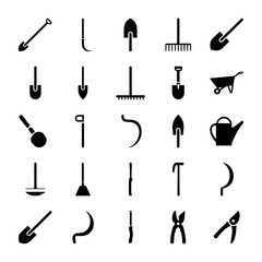 Obraz premium Illustration of various gardening tools including shovels rakes and pruning shears in black silhouette style