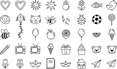 Vector vector art of assortment of simple, handdrawn doodle icons for children and everyday objects, transparent background