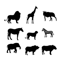 Silhouette illustration featuring a lion giraffe wildebeest horse leopard zebra elephant buffalo and bull