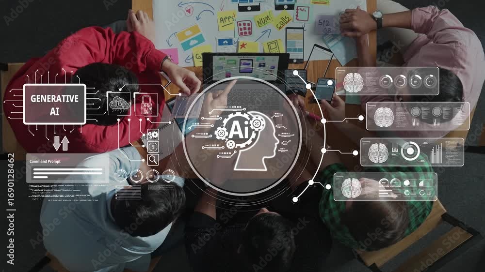 Poster a dynamic workspace scene depicts a diverse team collaborating on generative ai concepts. graphic vi