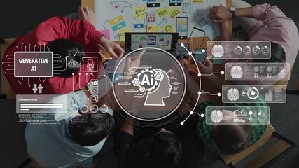 A dynamic workspace scene depicts a diverse team collaborating on generative AI concepts. Graphic visuals of AI brains and data enhance creativity and innovation. Raster