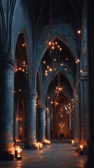 A Stunning Gothic Interior with Tall Arches, Soft Glow of Lanterns, and Elaborate Architectural Details Creating a Mystical Atmosphere