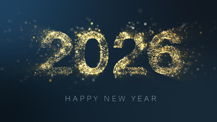 Dust particles form 2026 Happy New Year, Gold  particles on dark blue background.