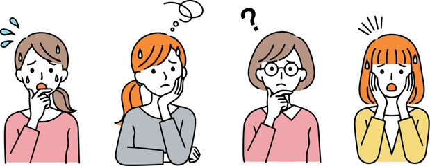 Vector vector art of four women expressing confusion and worry with question marks and sweat drops transparent background