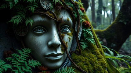 Serene stone face entwined with vibrant ferns and moss in a mystical forest setting.