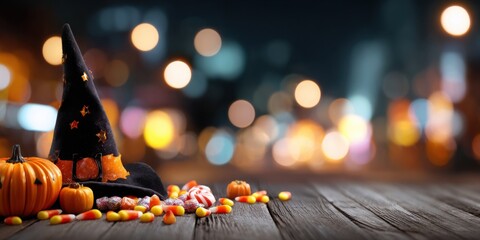 A Spooky Celebration: Vibrant Halloween Elements with a Witch Hat, Colorful Candy, and Festive Pumpkins Set Against a Mysterious Night Background