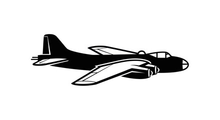 Silhouette of a classic twin-engine propeller aircraft in flight.
