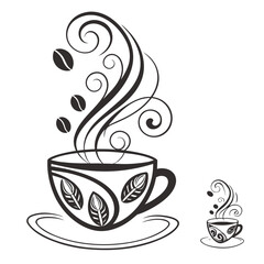 Illustration of a cup of coffee with steam and beans