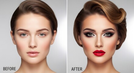 Beforeafter makeup shot left a woman with minimal makeup right she wears bold eyelip makeup with styled hair