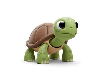 Fototapeta premium A cartoon turtle stands on a white background featuring a green head brown shell and large black eyes