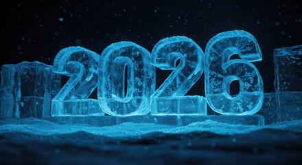 Icy 2026: Illuminated Ice Sculpture, New Year's Concept, Dark Background.