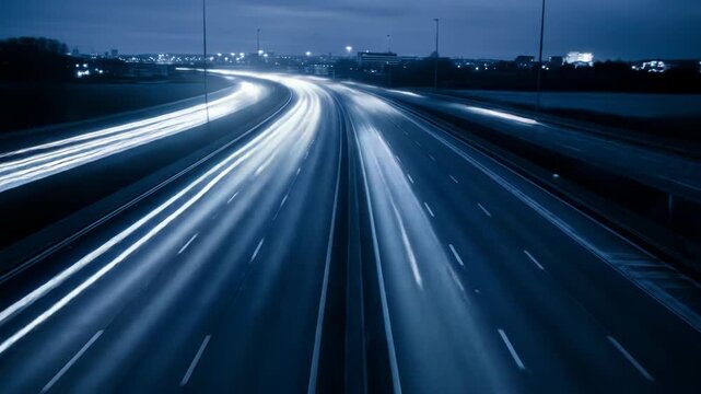 A blue-toned long exposure shot of light trails on a multilane highway at night