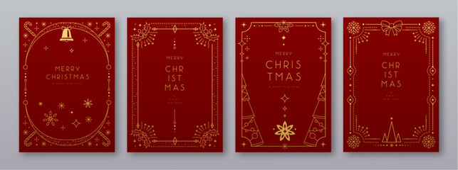 Set of modern Christmas frames or holiday greeting cards on red background. Line art vector illustration