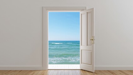 Open Door to the Aqua Sky and Sea Beyond Minimalist, Serene, and Inviting.