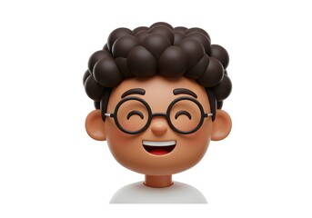 Animated character of a smiling boy with brown curly hair and round glasses