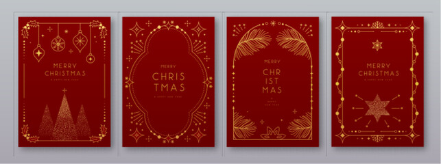 Set of modern Christmas frames or holiday greeting cards on red background. Line art vector illustration