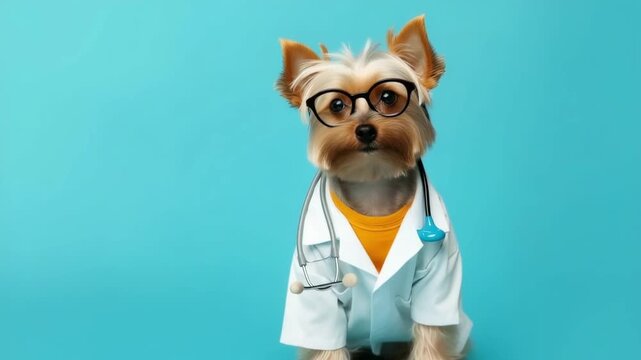 Portrait of a terrier dog in a white veterinarian costume with a stethoscope around his neck. A humanized dog works as a veterinarian and looks at the camera. Veterinarians Day.