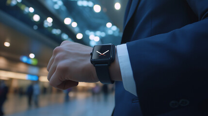 Close-up of a businessman's wrist wearing a smartwatch in an airport terminal. Concept of time management, business travel, technology, and working lifestyle in a fast-paced environment.