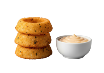 Three perfectly stacked, golden-brown onion rings with savory crumbs and creamy aioli in a ramekin on a seamless transparent studio background, high-key commercial food concept