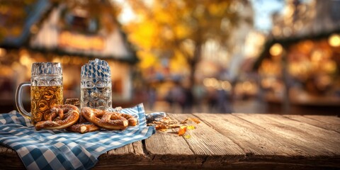 A Cozy Autumn Scene Featuring Traditional Pretzels and Beer with a Beautiful Out-of-Focus Market Background