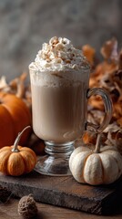 A Cozy Cup of Pumpkin Spice Latte with Whipped Cream, Surrounded by Fall Leaves and Mini Pumpkins for a Warm Autumn Vibe