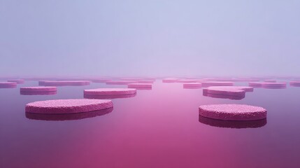 Jelly pads spaced like islands over glowing pink waterway in stillness