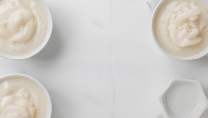 Still Life with Creamy Texture in White Bowls Minimalist Composition, Top View.