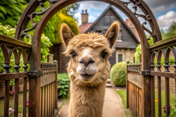 Curious Alpaca Peering Through an Archway in a Picturesque English Garden