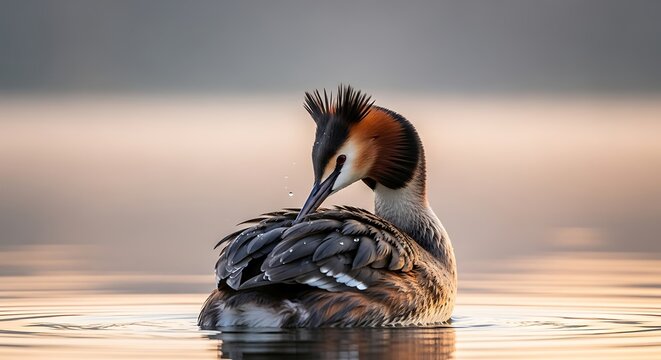 Great Crested Grebe Preening in Calm Waters.