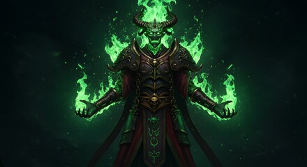 Fototapeta premium Demon in ornate armor engulfed in green flames