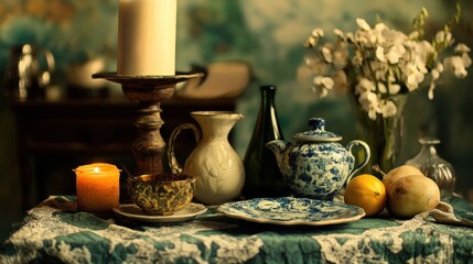Still Life with Candles, Teapot, and Fruit