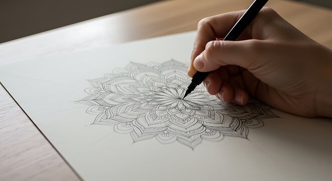 Artist hand drawing an intricate mandala pattern. - Powered by Adobe