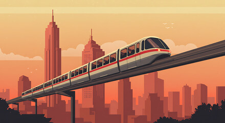 Sleek monorail gliding through a vibrant metropolis at sunset, showcasing efficient urban transit