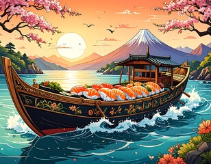 Obraz premium Traditional sushi boat sailing at sunset near mountains