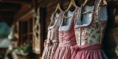 Traditional Handcrafted Dresses Displayed on Wooden Hangers, Showcasing Floral Patterns and Vintage Design Aesthetic in Rustic Setting