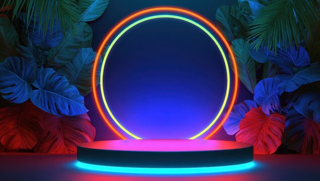 Vibrant photo of abstract, neon-colored, glowing circular rings illuminated on an empty stage with a tropical leaves background. a modern product display podium platform or.