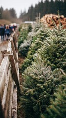 A Serene Landscape Featuring Lush Evergreen Trees Alongside a Rustic Wooden Fence, Capturing the Essence of Nature in a Peaceful Outdoor Setting