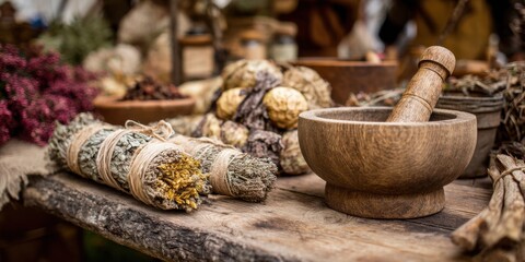 Fototapeta premium A Natural Apothecary: An Intricate Display of Herbal Remedies with Mortar and Pestle Surrounded by Dried Plants and Natural Ingredients