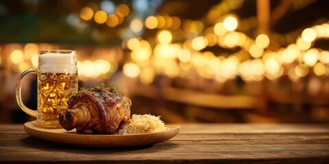 A Delicious Plate of Crispy Roast Chicken with Savory Rice Accompanied by a Chilled Beer Against a Festive, Twinkling Background