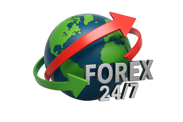 3D Forex 24/7 Globe with Arrows Isolated on Transparent Background