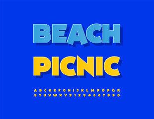 Vector Creative sign Beach Picnic. Sunny Yellow Font. Artistic Uppercase Alphabet Letters and Numbers set.