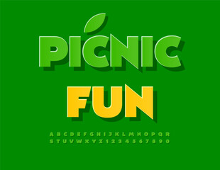 Vector Recreational template Picnic Fun. Bright Green Font with Shadow. Modern Sticker Alphabet Letters and Numbers set.