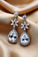 Beautiful teardrop diamond earrings resting on golden silk cloth