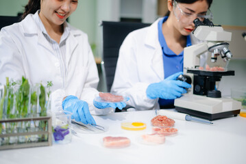 Scientist team testing food samples in lab with microscope, vegetables,  for safety, nutrition, and...