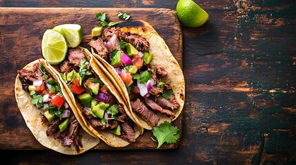 Carne asada tacos high angle copy space on rustic table