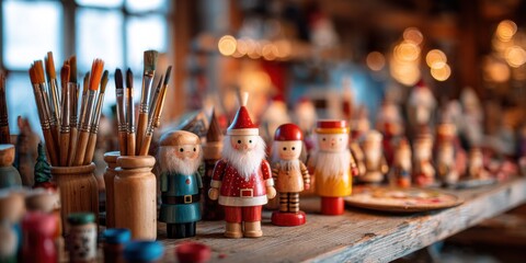 A Cozy Artisan Workshop Displaying Handcrafted Wooden Santa Figurines Surrounded by Colorful Art Supplies and a Warm, Festive Atmosphere